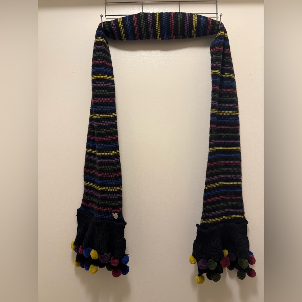 Betsey Johnson Black Multicolor Striped Knit Scarf with Pom-Poms